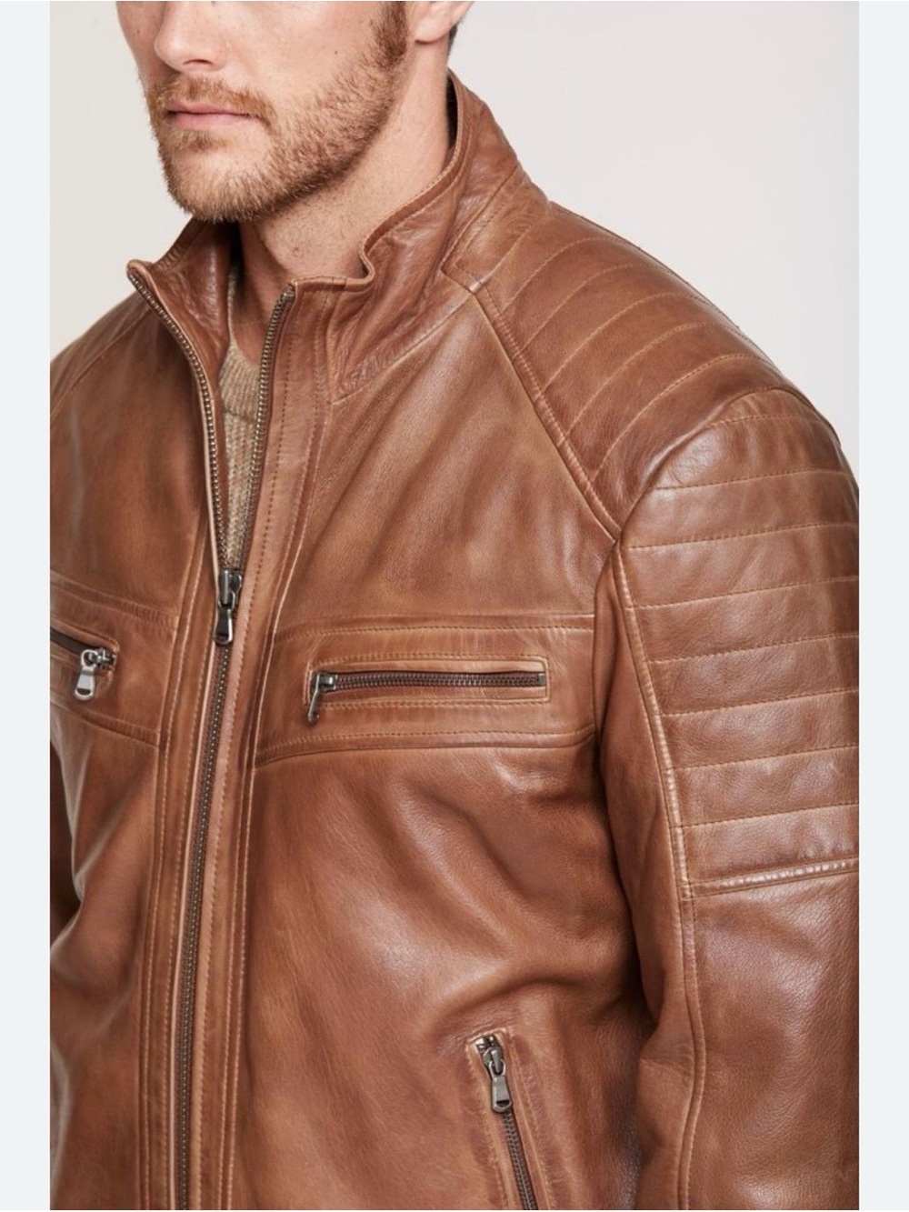 Men's Overland Udo Moto Zip Jacket in Cognac -Quilted Leather Performance Jacket